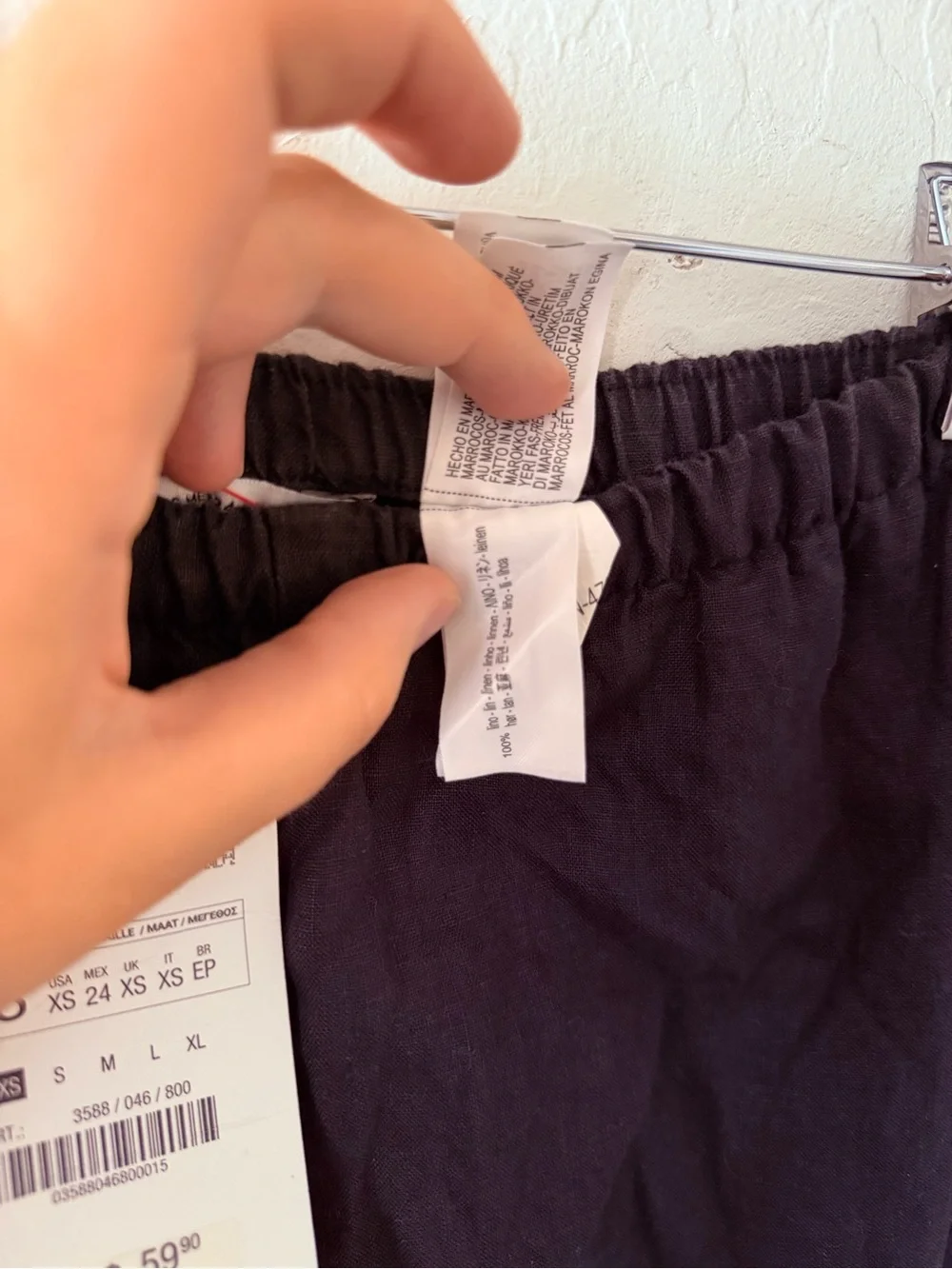 ZARA Men Black Elastic-Waist Linen-Blend Chinos